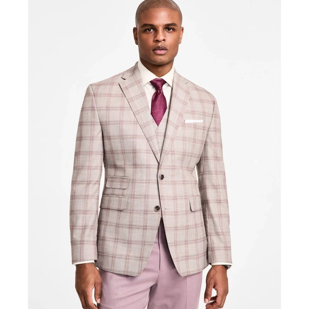 Tayion Collection Regular-Fit Suit Jacket Men's 46R Tan Check Long Sleeve